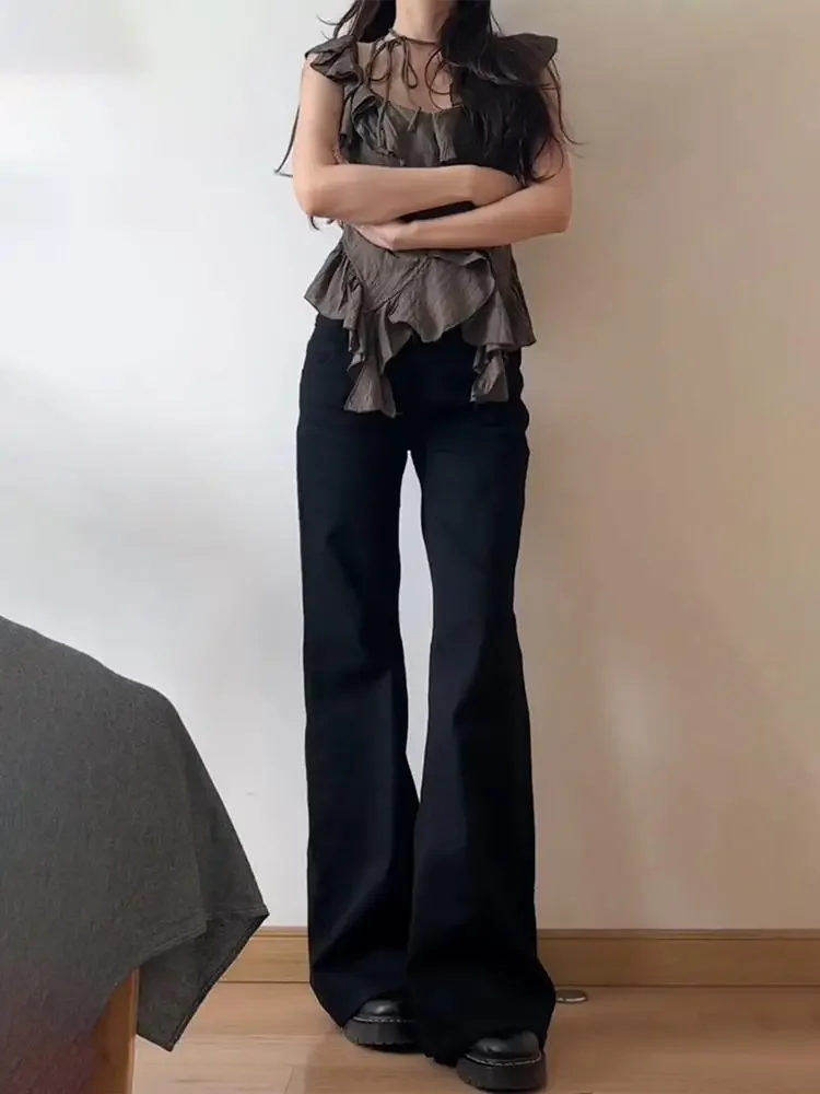 Women Low Waist Flared Jeans Retro Style Blue Black Micro Flare Pants Loose Straight Wide Leg Jeans Female Spring Fashion