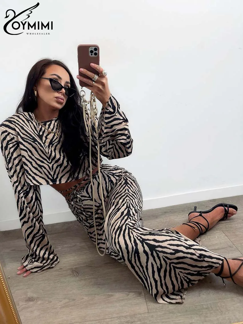 Oymimi Elegant Khaki Print Sets For Women 2 Pieces Fashion O-Neck Long Sleeve Crop Tops And Lace-Up Slim Straight Skirts Sets