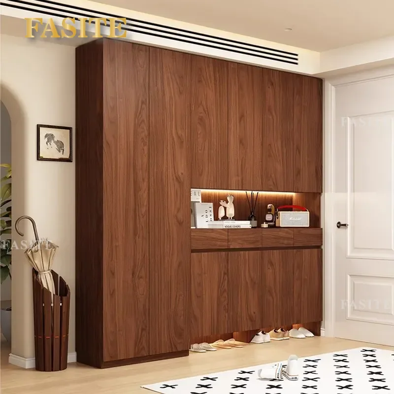 For Oak Solid Wood Shoe Cabinet Floor to Wall Glass Door Living Room Entrance Storage Display Rack Whole Wall Home Furniture