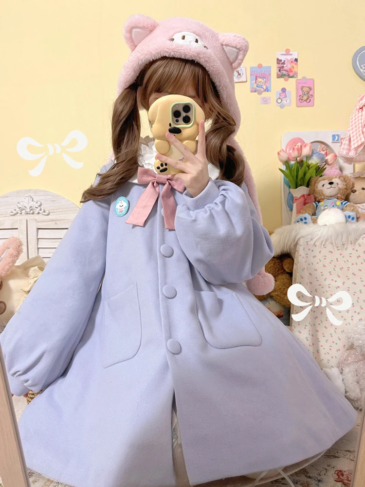 KIMOKOKM Japanese Preppy Winter Sweet Peter Pan Collar Coat Kawaii Bow Full Sleeve Single-Breasted Loli A-Line Woolen Outerweat