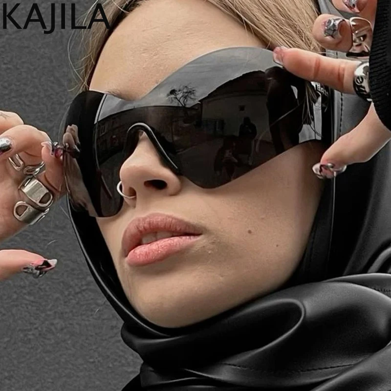 Oversized Y2K Punk Rimless Sunglasses Women Men Big Frame Steampunk Butterfly Shield Sun Glasses for Lady 2000's Goggle Eyewear