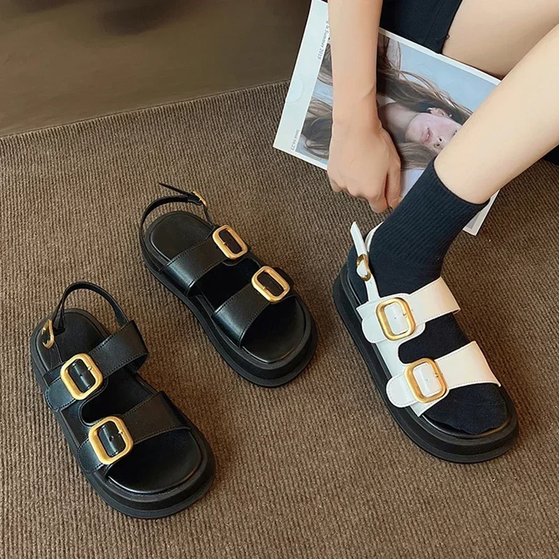 Shoes for Women 2024 Summer Flat Platform Women\'s Sandals Fashion Casual Metal Buckle Soft Bottom Open Toe Ladies Beach Sandals