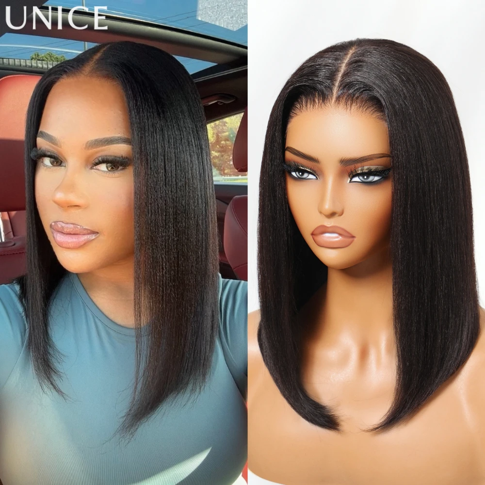 Perruque Bob Yaki Lisse 100% Cheveux Humains UNice avec Cordon de Serrage 7x5 & 13x4, Perruques Bob Sans Colle en Dentelle