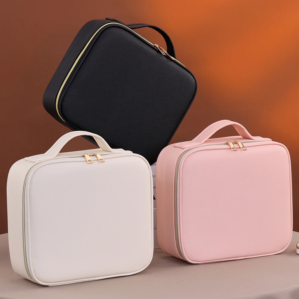 Travel Makeup Bag with LED Mirror Large Train Case Cosmetic Organizer Storage Bags with 3 Color Lights and Adjustable Dividers
