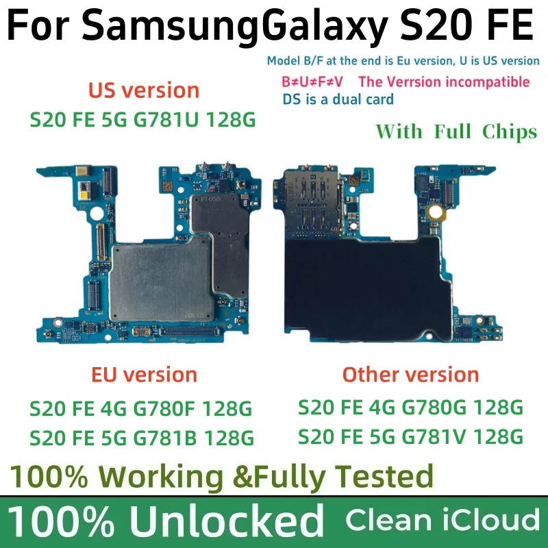 Fully Tested For Samsung Galaxy S20 FE 4G G780F G780 Motherboard Unlocked S20FE 5G G781U G781B G781 Logic Board with Full Chips