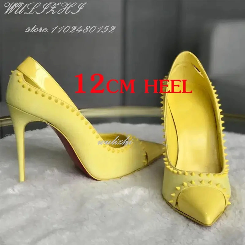 Bright Yellow Velvet Rivet Patent Leather Heel Woman Side String Bead Hollow Pump Pointed Toe Red Patchwork Casual Stiletto Shoe