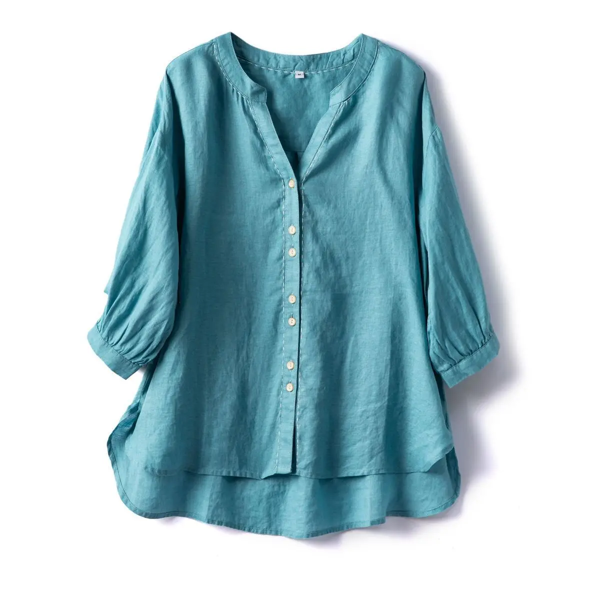 

Dave&di Color Blocked V-neck Seven Quarter Sleeve Retro Artistic Loose Shirt Top Blouses Women's Clothes Shirts Tops