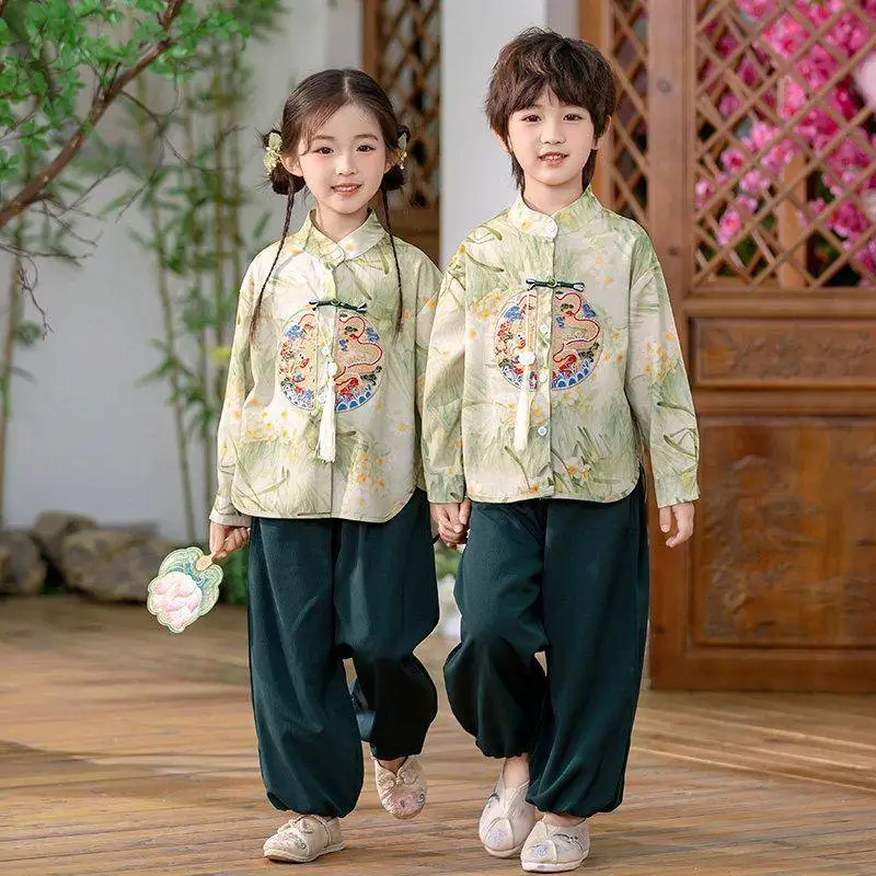 

Новая китайская тонкая детская одежда Ханьфу для мальчиков и девочек, весенне-осенний традиционный костюм для школьных выступлений, в стиле древних костюмов