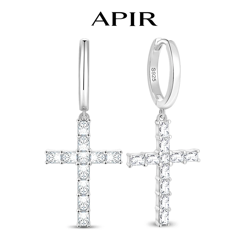 APIR D Color Moissanite Cross Drop Earrings for Women Man 925 Sterling Silver Hypoallergenic Huggie Hoops Hiphop Trend Jewelry