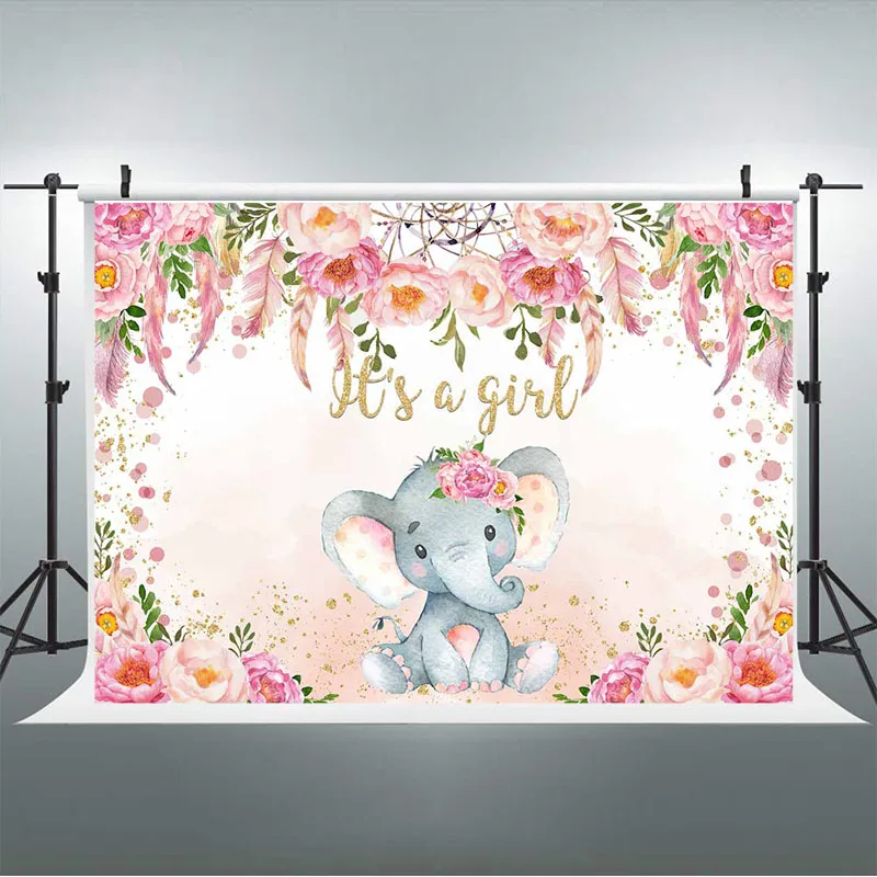 É uma menina chá de bebê pano de fundo bonito elefante dreamcatcher pena rosa flores fotografia fundo bolo mesa decoração banner