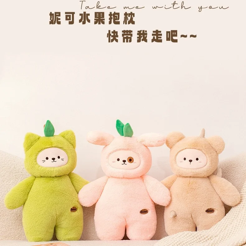 Poupée en peluche de fruits et animaux de dessin animé, oreiller pêche, transforme en chat et chien, poupée apaisante pour femme