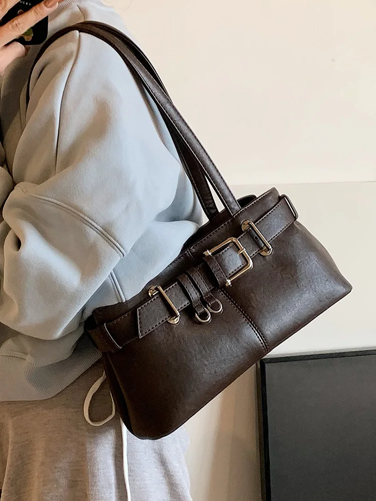

Fashion Belt Design Women Shoulder Bags Winter Trendy PU Leather Zipper Handbag Lady Daily Commuting Underarm Bag
