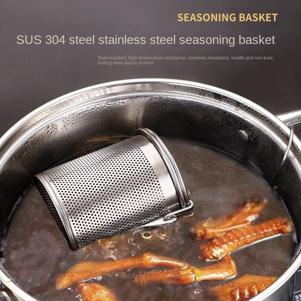 

304 Stainless Steel Stew Seasoning Strainer with Chain Hook Fine Mesh Brine Basket Rust-proof Corrosion-resistant