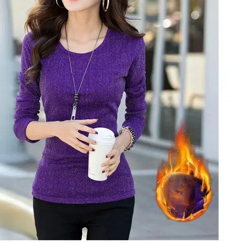 Odzież damska Jesień Zima Okrągły dekolt Flokowanie Jednolity kolor Pullover Długi rękaw Casual T-shirt Jasny jedwab Modne topy
