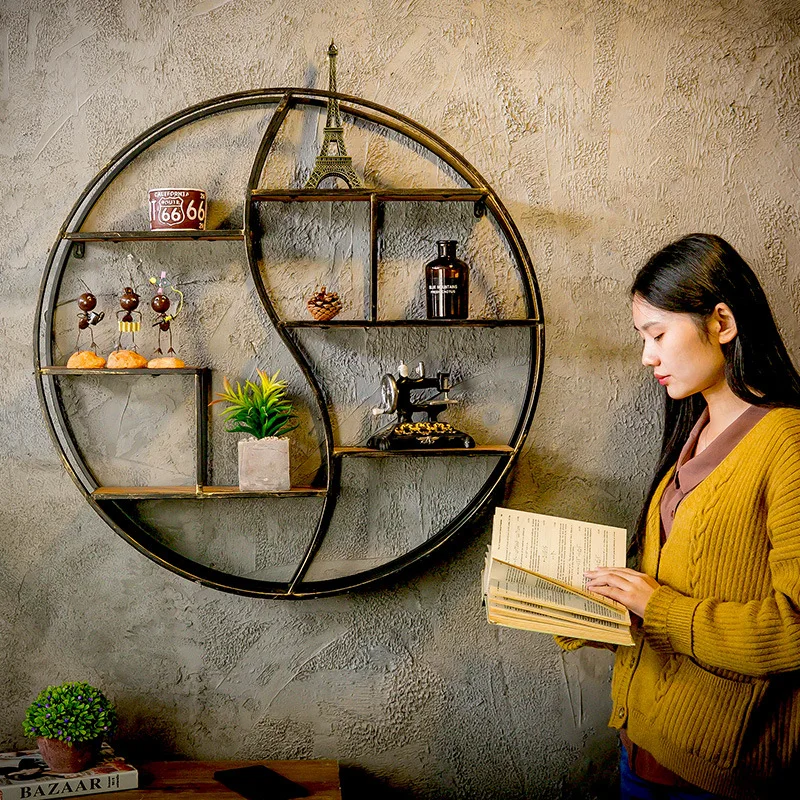 Industrial wind wall racks home multi-storey solid wood bookshelf round gossip hanging retro wrought iron wall decoration fsle retro denim blue women mini skirts high waist pocket decoration short denim pleated skirt 74 1% cotton spice girl skirt