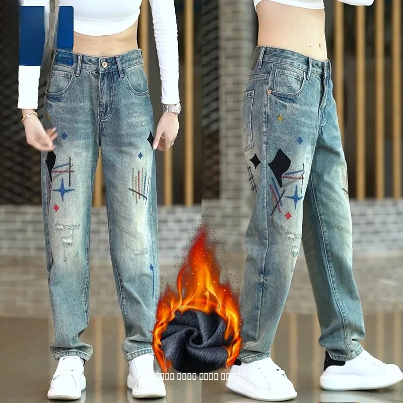 

Thickened Fleece Lined Embroidered Straight Leg Jeans Men's Winter Casual High Street Long Pants Anti-Cold Comfortable Fit