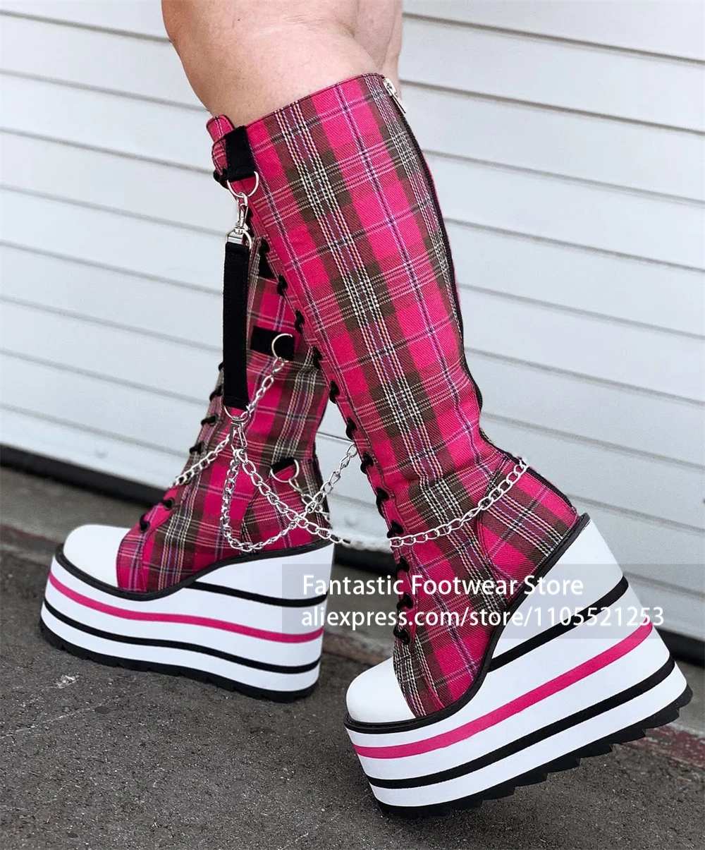 

Red Plaid Platform Wedge Boots Metal Chain Knee High Boots Punk Gothic Style Black Lace Up Boots Women Customized Handmade Boots