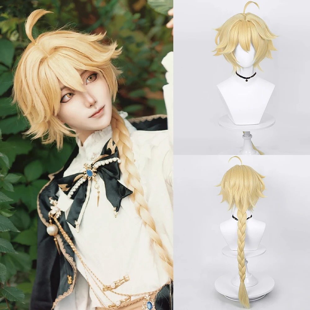 RANYU Genshin Impact Aether Wigs Synthetic Long Braided Straight Blonde Yellow Anime Game Cosplay Hair Wig for Daily Party