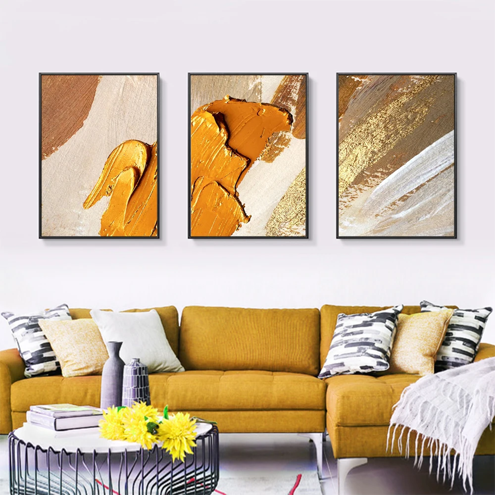 Abstract Yellow Pigment Canvas Art Poster Modern Golden Prints Oil Wall Painting for Bedroom Living Room Decor Aesthetic