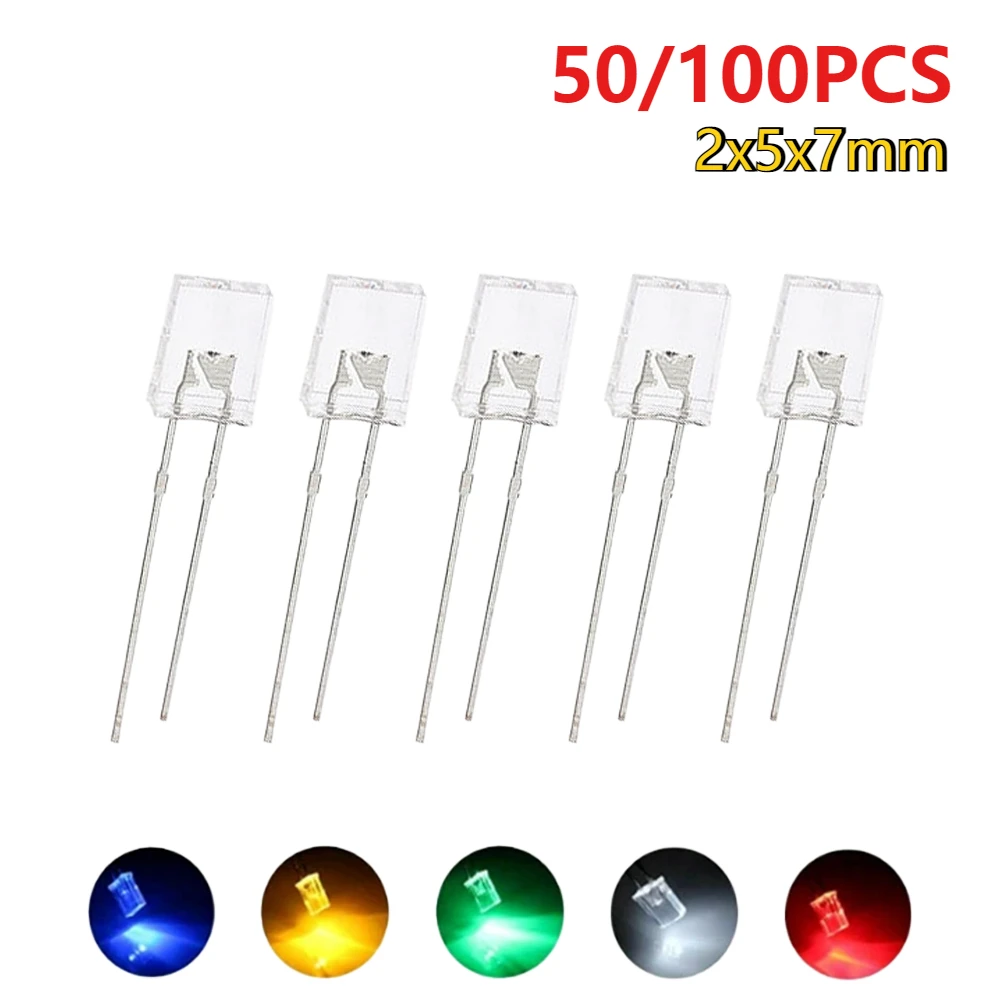 50/100PCS LED 2x5x7mm Diode Kit Quadratische LED Transparente Leuchtdiode Gelb Blau grün Weiß Rot DIY Elektronische
