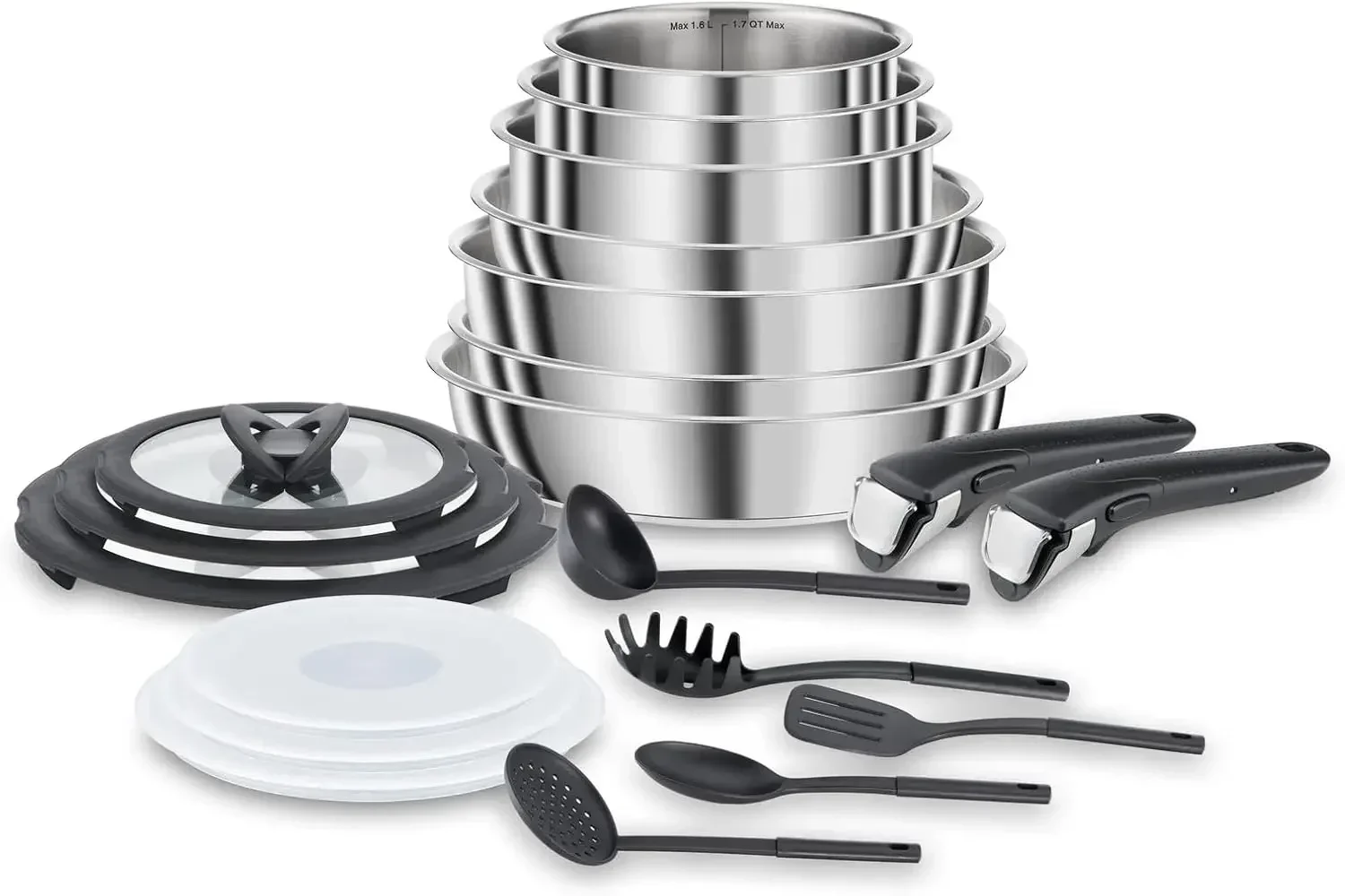 Lagostina Ingenio Inox Set di Pentole e Padelle en Acciaio Inox, 20 Pezzi, Adatto ad Induzione, Batteria di Pentole con 3 Casser