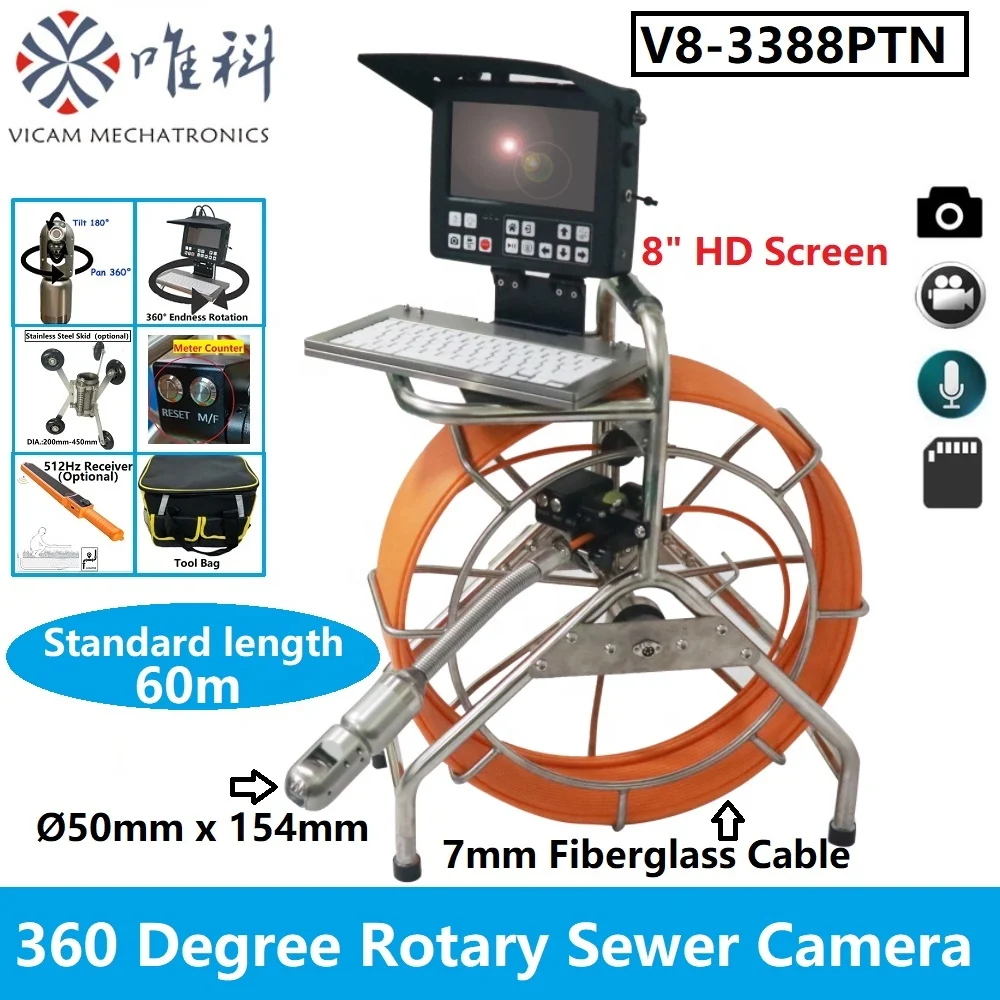 50mm Pan Tilt Rotation Drain Sewer Camera 60m Push Rod Cable HD Pipe DVR Camera Meter Counter Industrial Borescope Camera