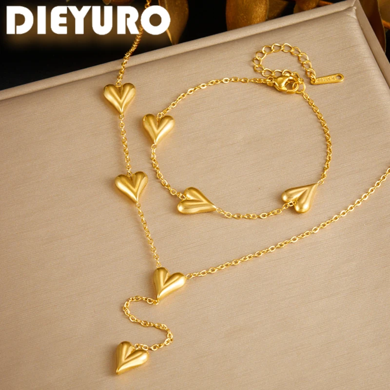 DIEYURO 316L Stainless Steel Heartshaped Gold Color Bracelet Necklace For Girl Delicate Fashion Simplicity Pendant Jewelry Suit