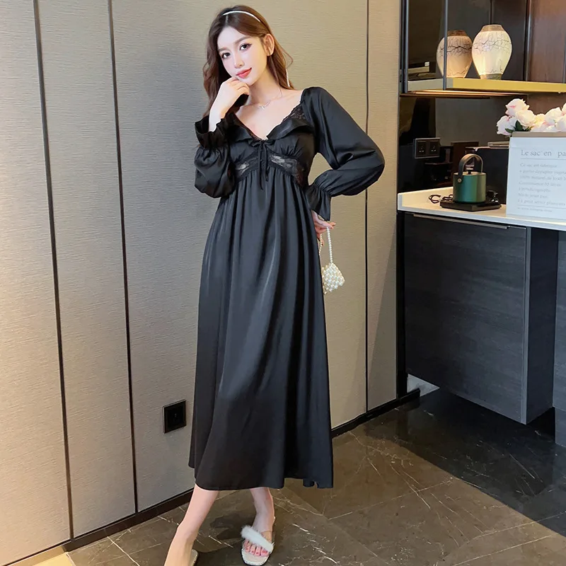 Women\'s Nightdress Autumn Long Sleeve Sleepwear Satin Palace Style Homewear Ladies Silky Lace Nightgown Nightwear with Chest Pad