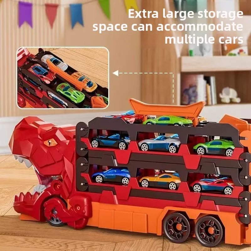 Nuevo camión de transporte de dinosaurios con 12 coches de carreras moldeados, coche de dinosaurio transformador en regalos de tiranosaurio de pie para niños