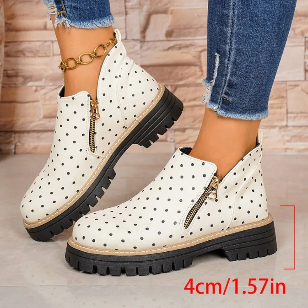 Fashion New Trendy Non Slip Thick Soled Ankle Boots for Women 2026 Polka Dot Double Zipper Design Outdoor Casual Women Shoes