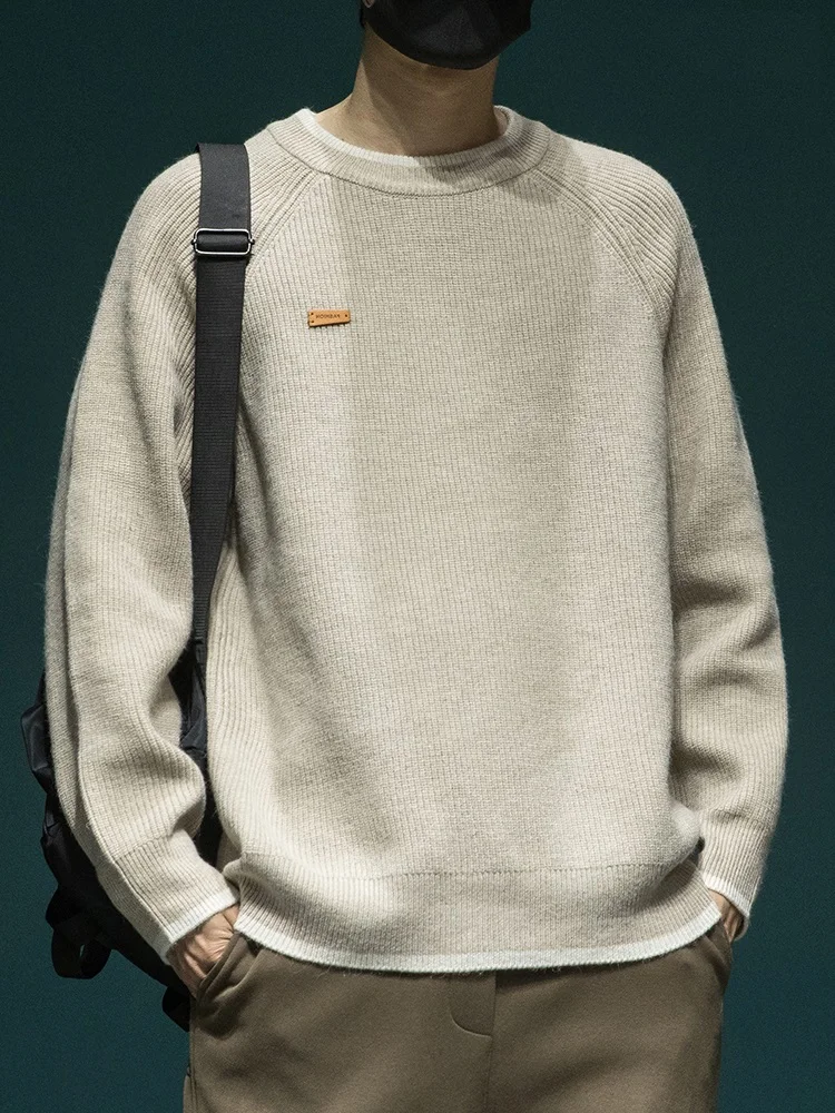 

Loose Knitted Men's Sweater oulder Sve round Ne Spor Lazy Sle Fake Two-Piece Base irt Hoodie Winter Casual Wear