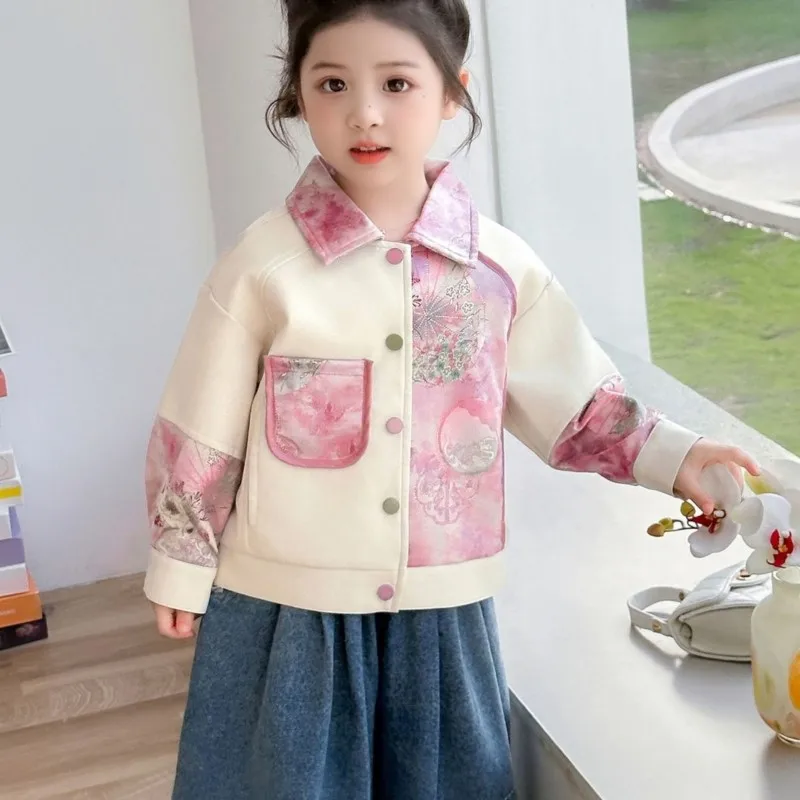 

Girls' Fashion Printed Coat Children's Spring/Autumn 2026 New Long Sleeve Top Coat Kids' Chinese Style Coat For Gift LJ136