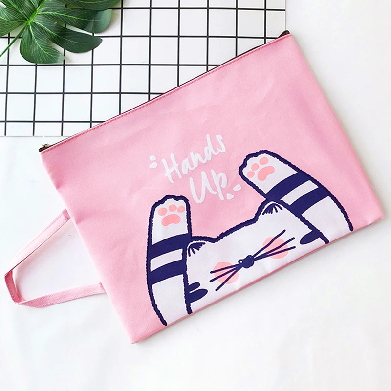 

1pc Creative Portable Cartoon Cute Cat Series Canvas Zipper Document Bag Student School Office Stationery Supplies