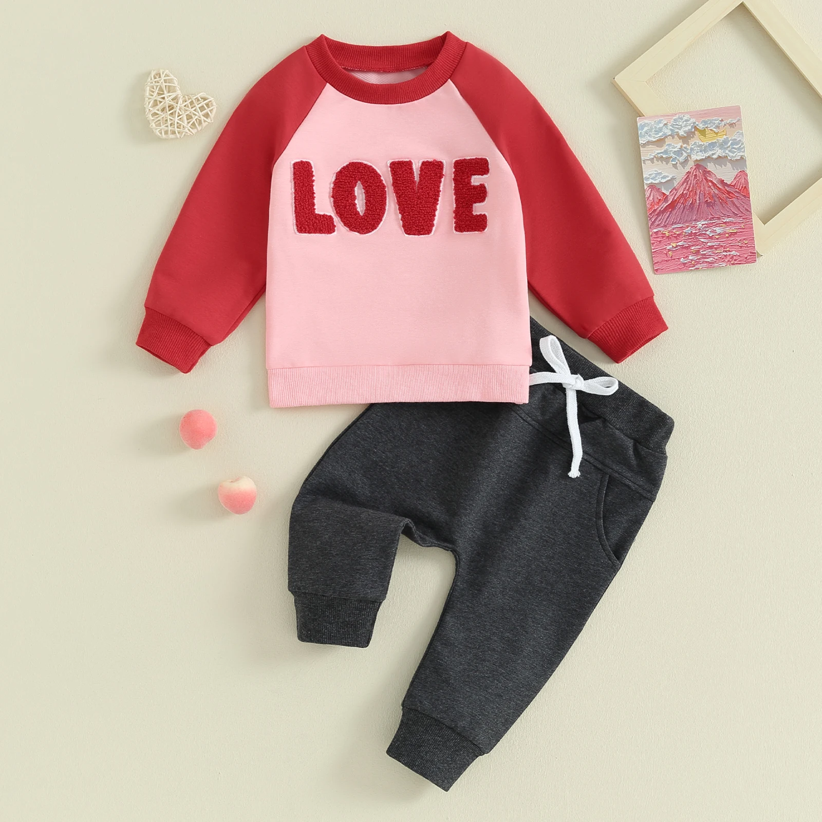 2023-10-25 Lioraitiin 0-3Y Toddler Baby Boy Valentine's Day Clothing Outfits Pullover Sweatshirts Long Pants Spring Clothes Set