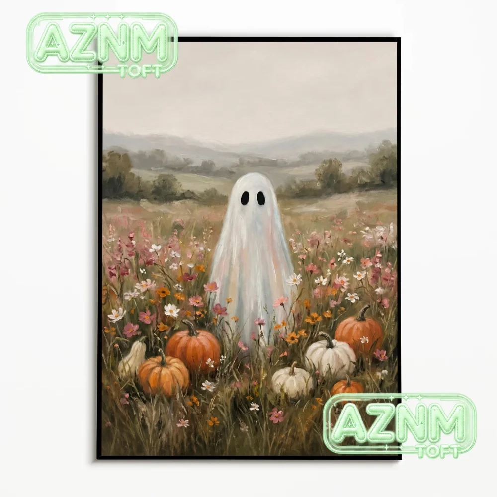 1PC  Halloween Wildflower Ghost Poster  Autumn Retro Weird Wall Art  Frameless Canvas Printing  Holiday Gifts Room  Decoratio
