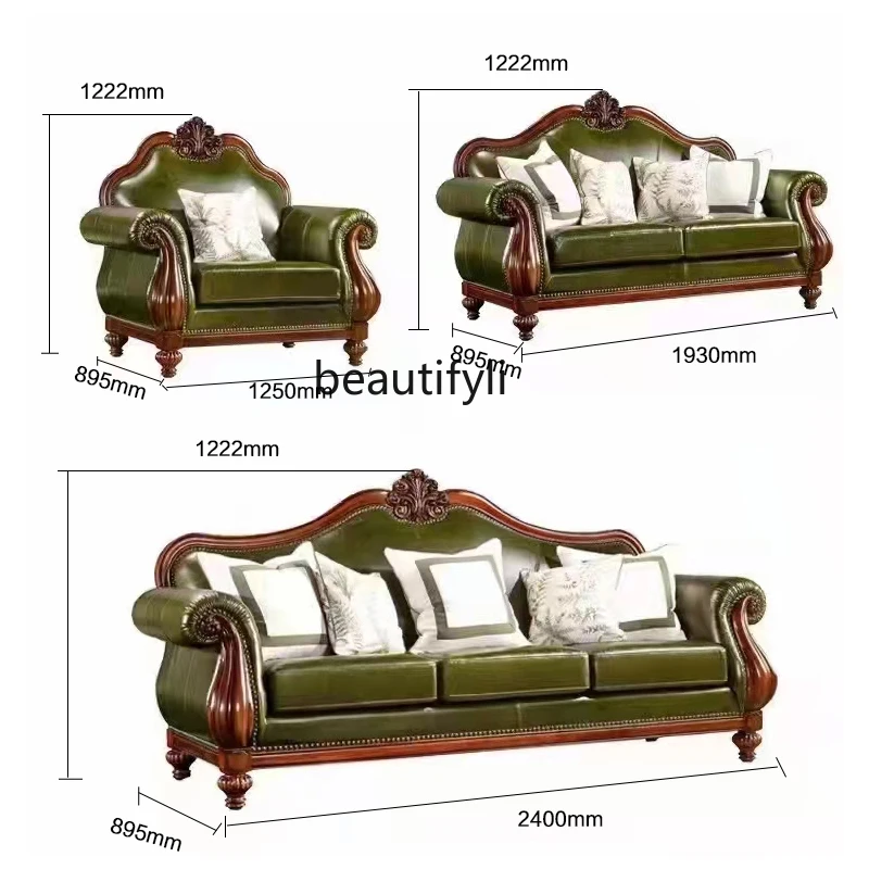 American Leather Sofa Solid Wood Carved Sofa Combination Leather Living Room Luxury Retro Furniture