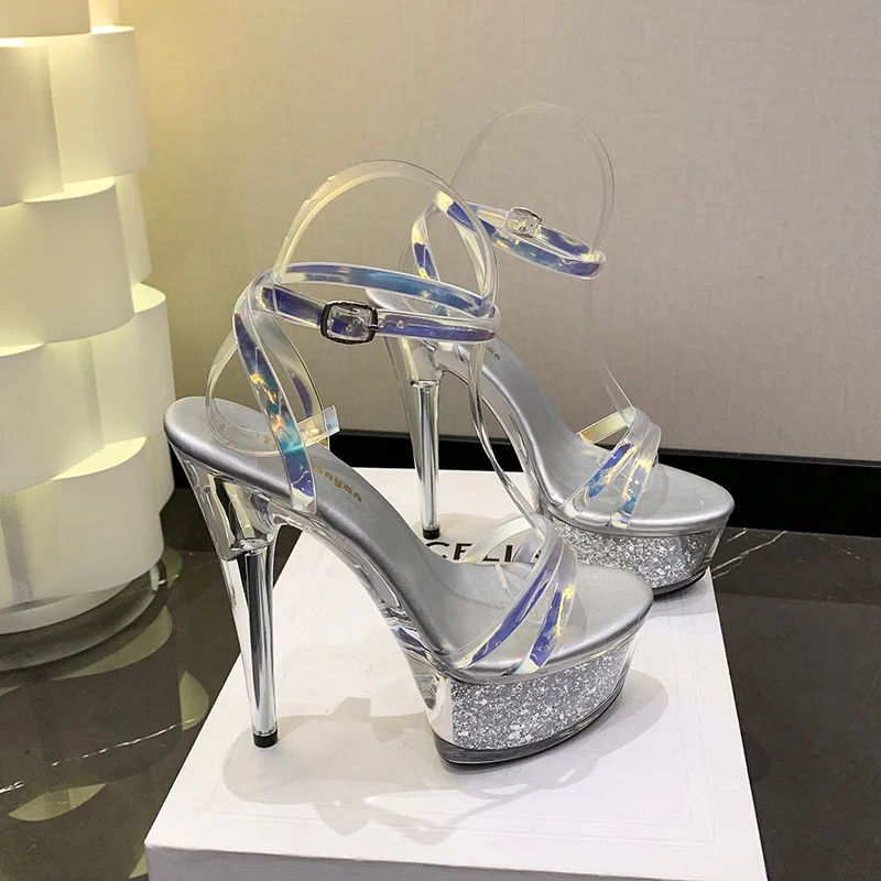 Silver -20cm Super High Heel Catwalk Shoes Summer Women Platform Cross Band Transparent Sandals Sexy Crystal Sequins High Heels