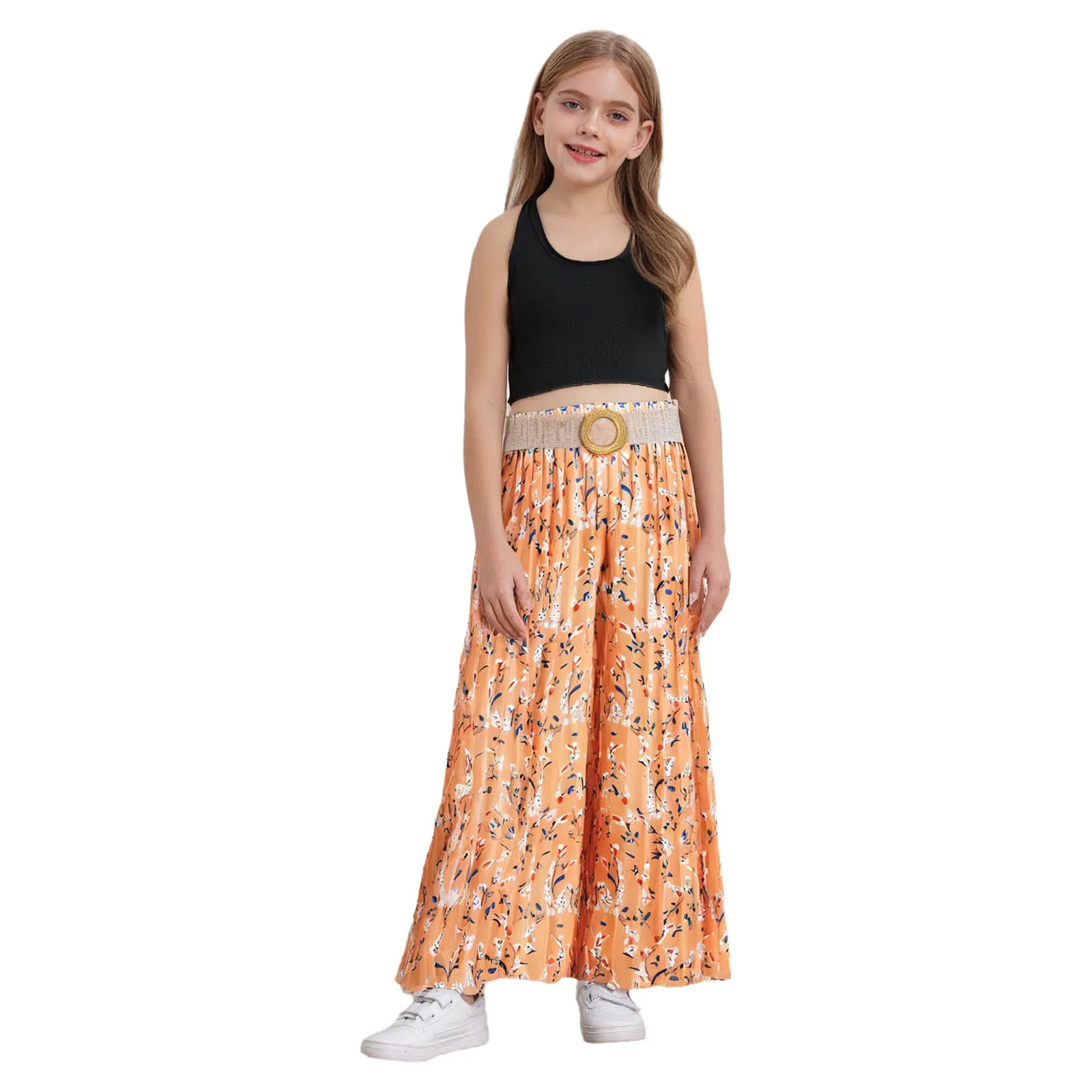 

Kids Girls 3-Piece Casual Daily Outfits Sleeveless Crop Top with Wide Leg Pleated Pants And Belt for Summer Vacation Beach Wear