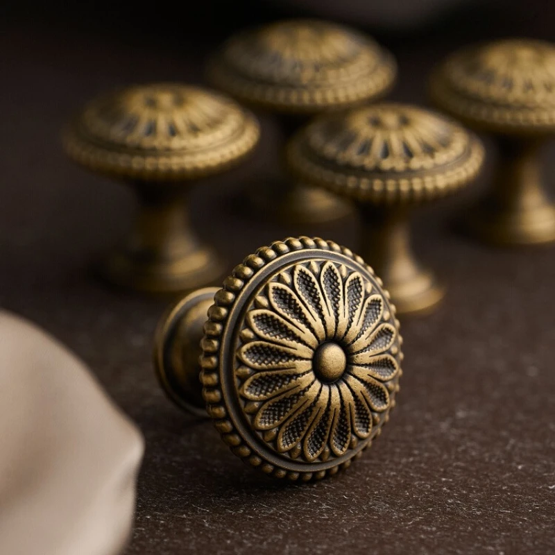 

French Vintage Brass Cabinet Door Handle Drawer Cabinet Handle Cabinet Door Bronze Color Single Hole Brass Handle
