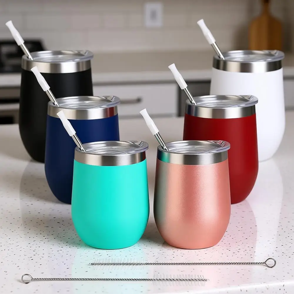 

6 Pack Stainless Steel Wine Tumbler, 12 Oz Double Wall Vacuum Insulated, Set of 6 Cups for Wine, Coffee, Cocktail, Ice Cream, Mi
