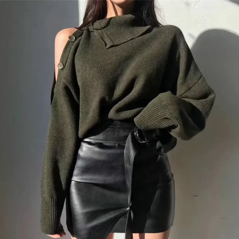 Pull à col roulé coréen à manches longues pour femmes, pulls chauds basiques avec boutons, hiver 2023