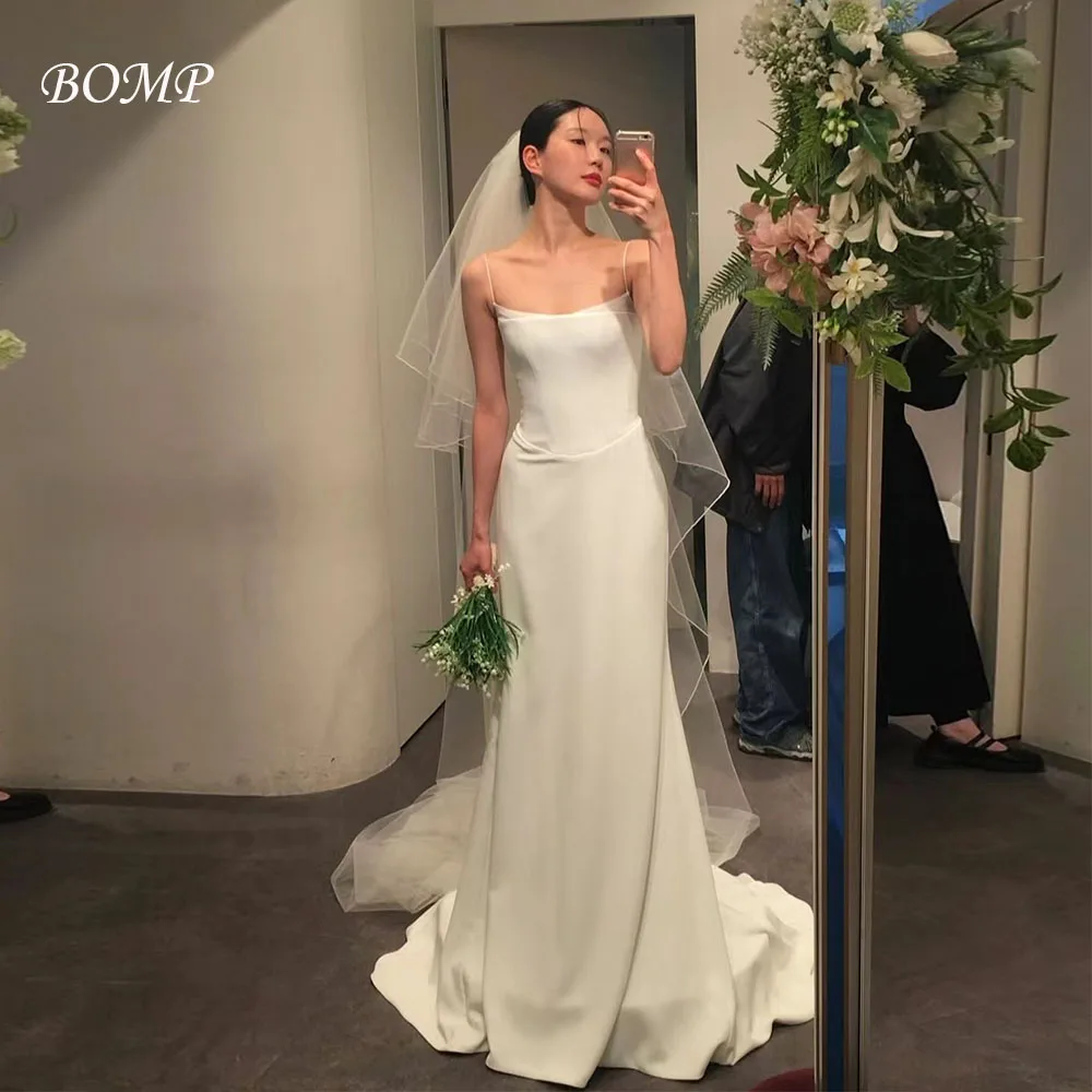 

BOMP Elegant Wedding Dress Spaghetti Strap A-Line Floor Length Ivory Satin Korea Photo Shoot Bridal Reception Gown Customized