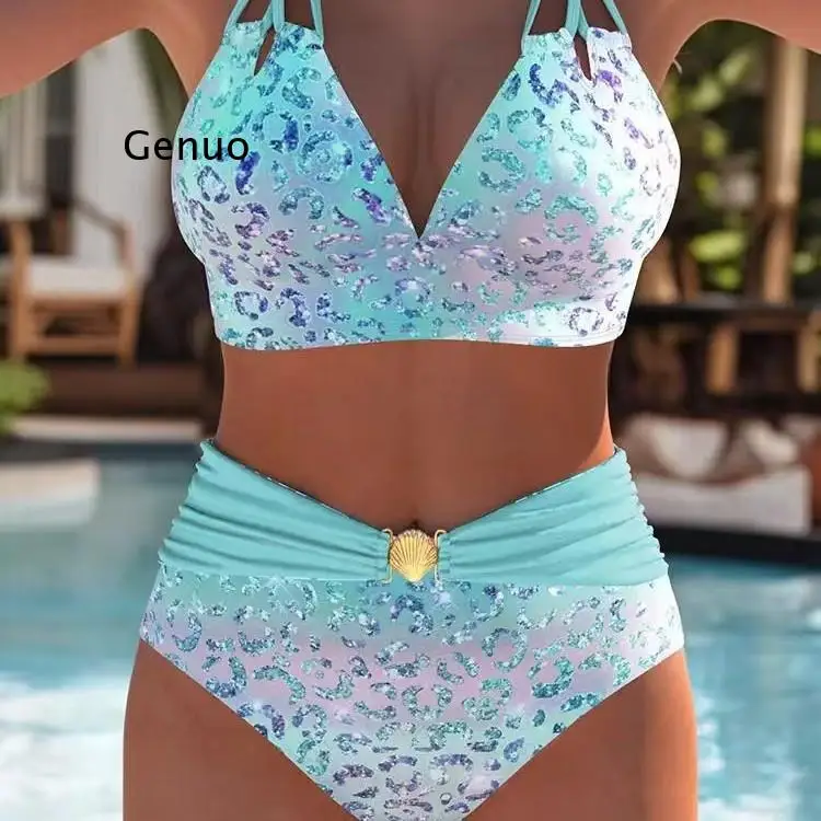 

Womens Gradient Leopard Print High Waisted Bikini Set Ruched Gold Buckle Two Piece Swimsuit