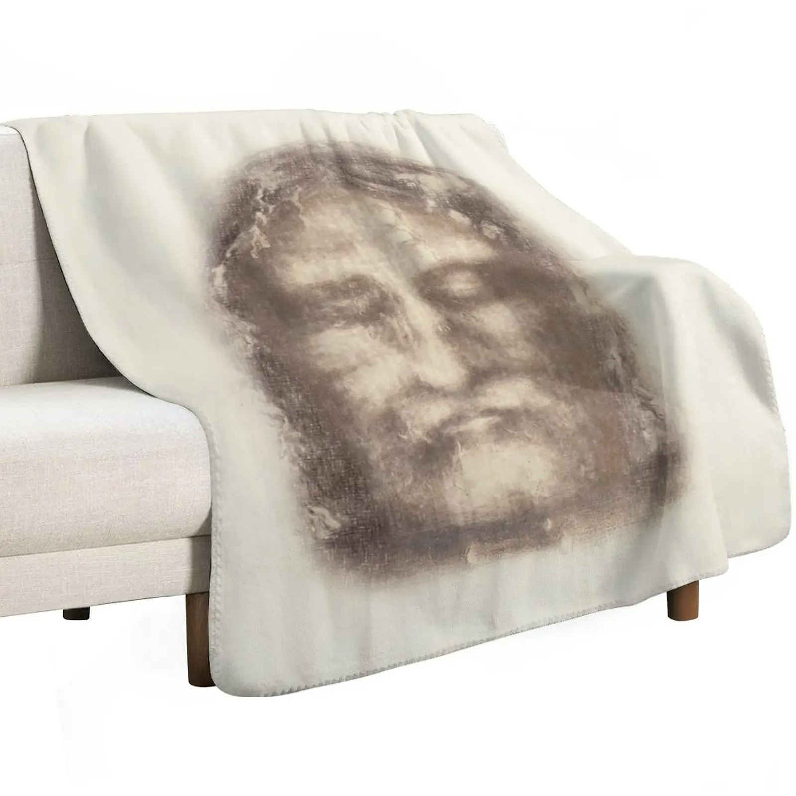 Shroud of Turin Face of Jesus Christ with Crown of Thorns Beige Vintage Background Painting HD High Quality Throw Blanket