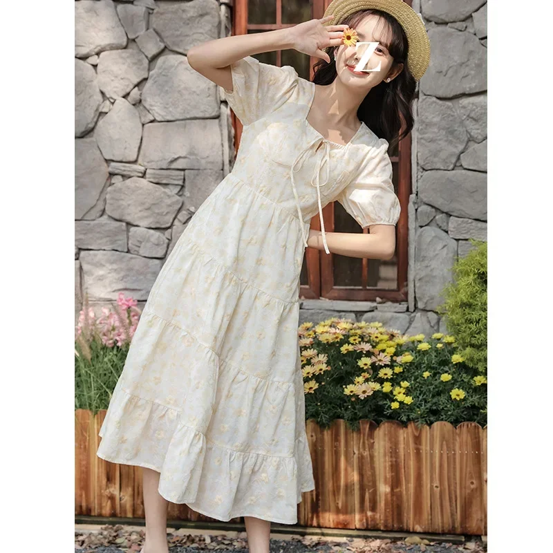 

2024 Summer New Collection Waist Floral Dress Women's Bubble Sleeve Square Neck A-line Skirt