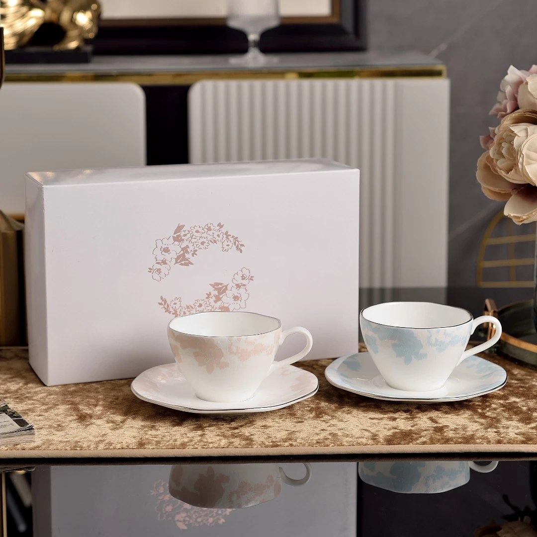 

Light Luxury White Bone china Blue Pink Flower Coffee Cup and Saucer Teapot Exquisite Gift Box for household Tea Set