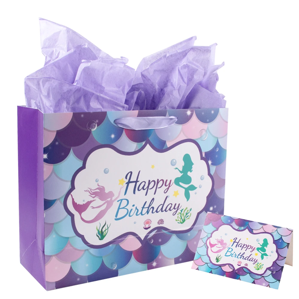 Large Mermaid Happy Birthday Gift Bag with Tissue Paper Card Purple Mermaid One Birthday Sea Themed Party Decor Baby Shower girl