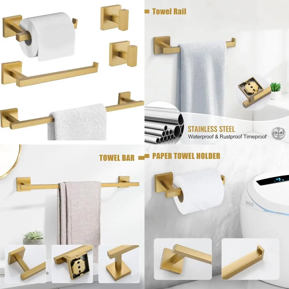 

Brushed Gold Stainless Steel 5-Piece Towel Bar Set, 24 Inch Single Towel Holder, Modern Bathroom Hardware Accessories