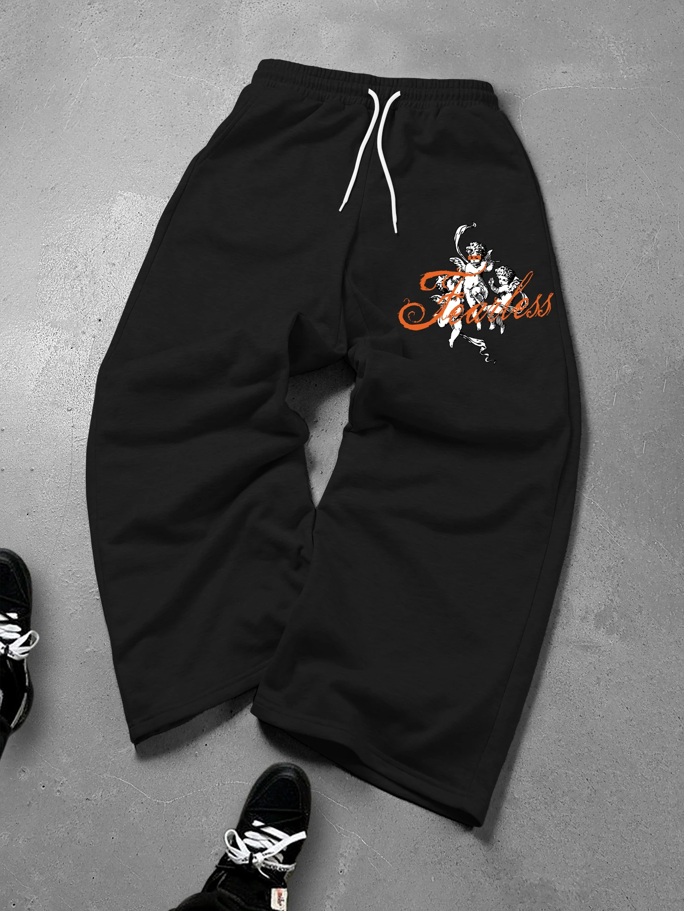Men's Loose Wide Leg Sweatpants Drawstring Waist Angel Cherub Letter Graphic Print Casual Trousers Polyester S‑2XL 1Pc
