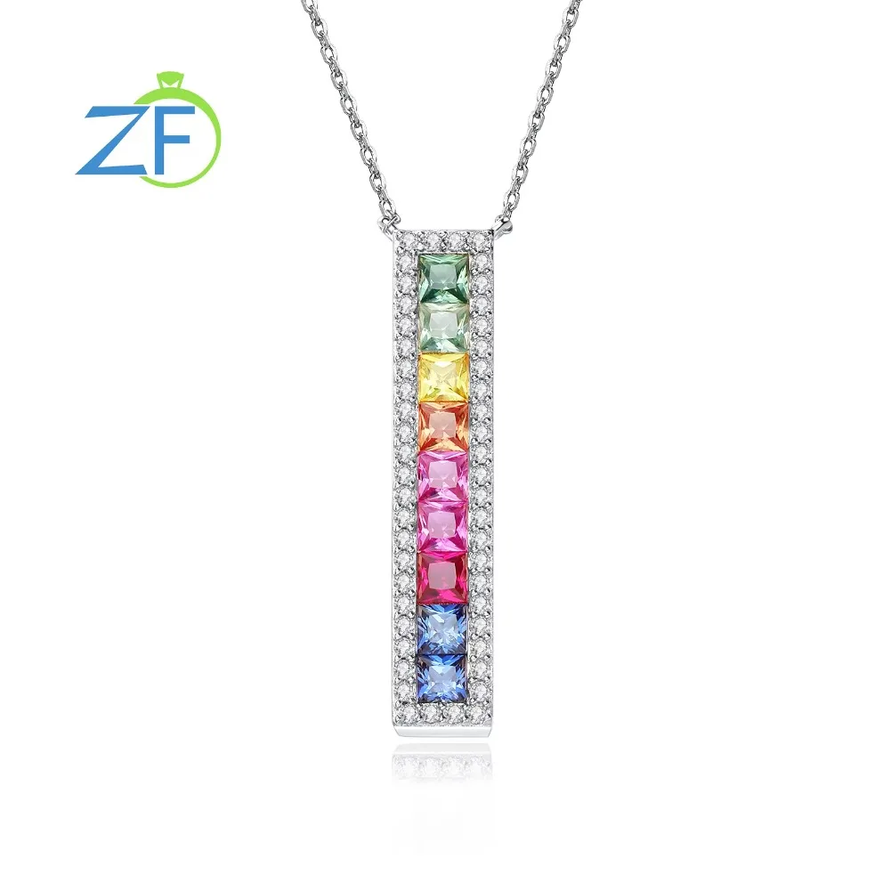 

GZ ZONGFA 925 Sterling Silver Necklaces for Women 2.0ct Created Gemstone Vertical Colorful Bar Pendant Necklace Fine Jewelry